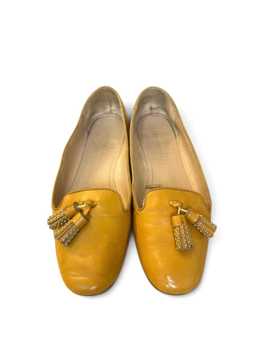 Zara Trafaluc Yellow Leather Loafer Flats With Tassel Detail Size 37